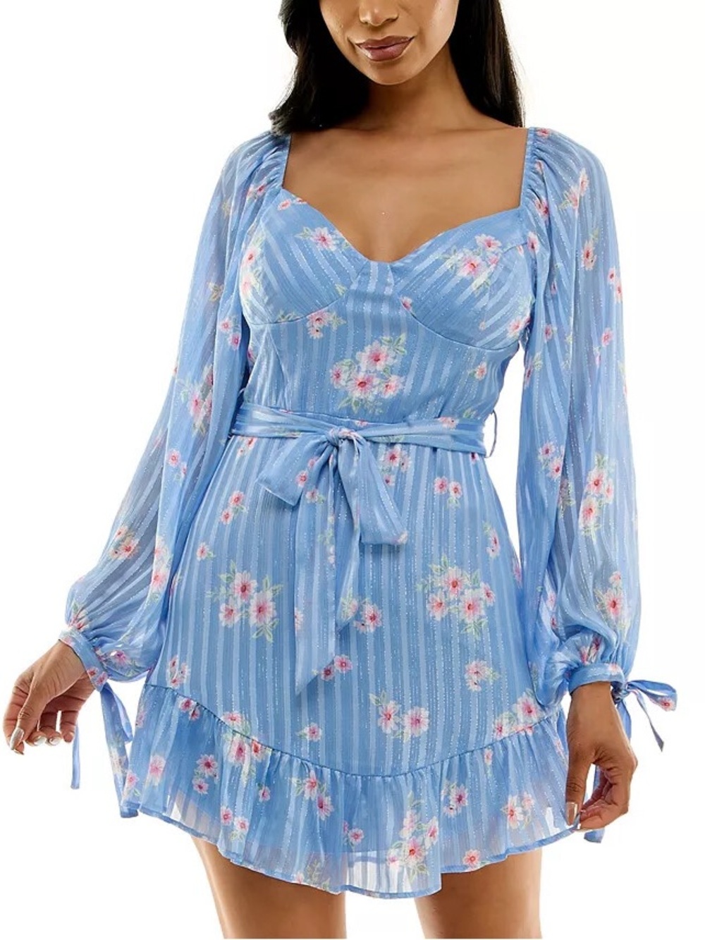 B Darlin Light Blue Floral Tie-Waist Mini Dress
